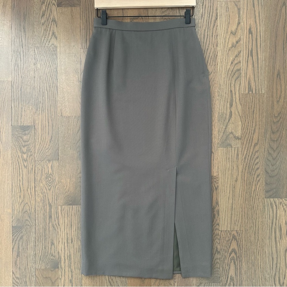 Vintage Designer High Waist Midi Wool Pencil Skirt in Dusty Grey Olive 8 / M